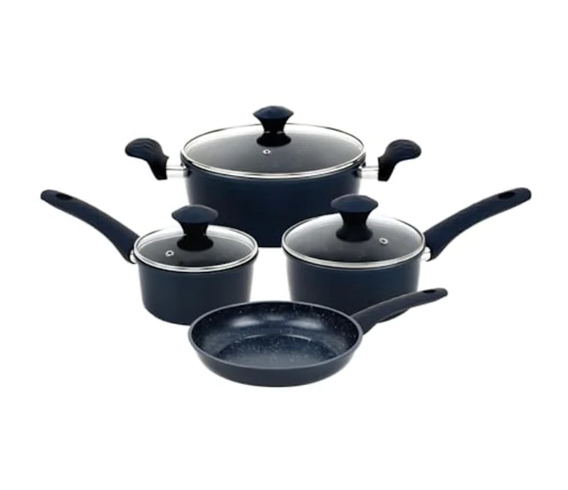 Herzberg, HG04685-BLU, Kompletny zestaw naczyń kuchennych z powłoką nieprzywierającą, zatrzymujący ciepło, ergonomiczne uchwyty, łatwe do czyszczenia, 7 sztuk, niebieski