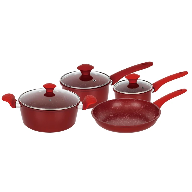 Herzberg, HG04715-RED Non-Stick Cookware Set, Heat Retention, Ergonomic Handles, Easy Clean, 7 Pieces, Red