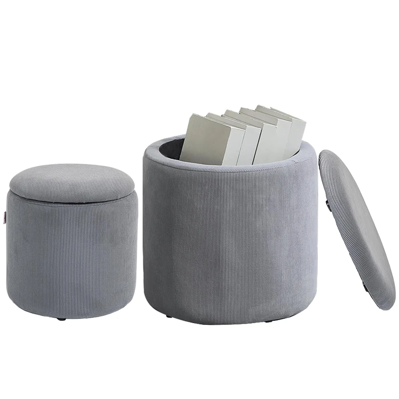 HOMCOM Set of 2 Round Ottoman with Storage, Fabric Vanity Stool for Makeup, Footrest Stool with Removable Lid for Living Room & Bedroom, Light Grey