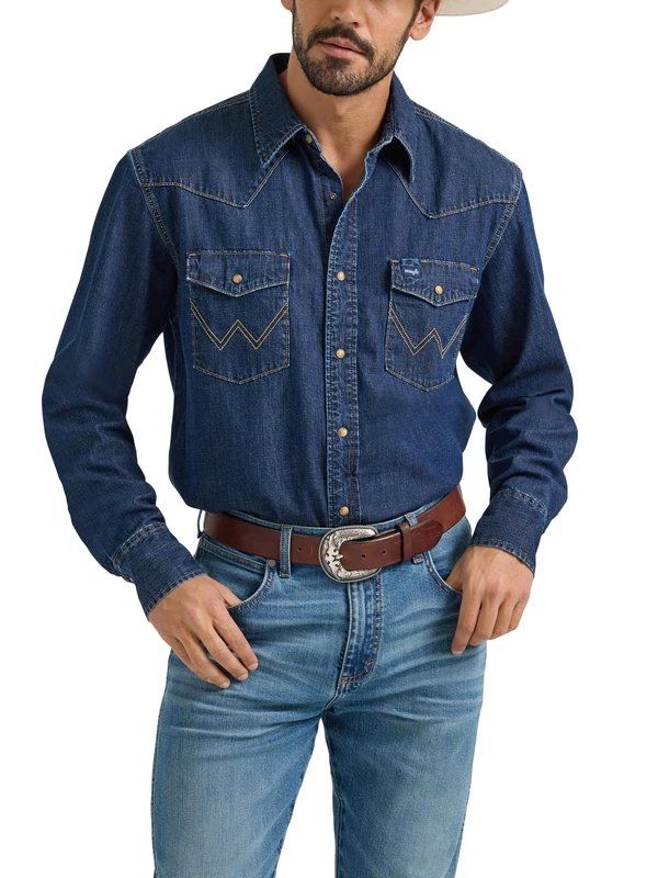 Wrangler Men's Denim Collection Snap Shirt, Mid Wash Denim, XL