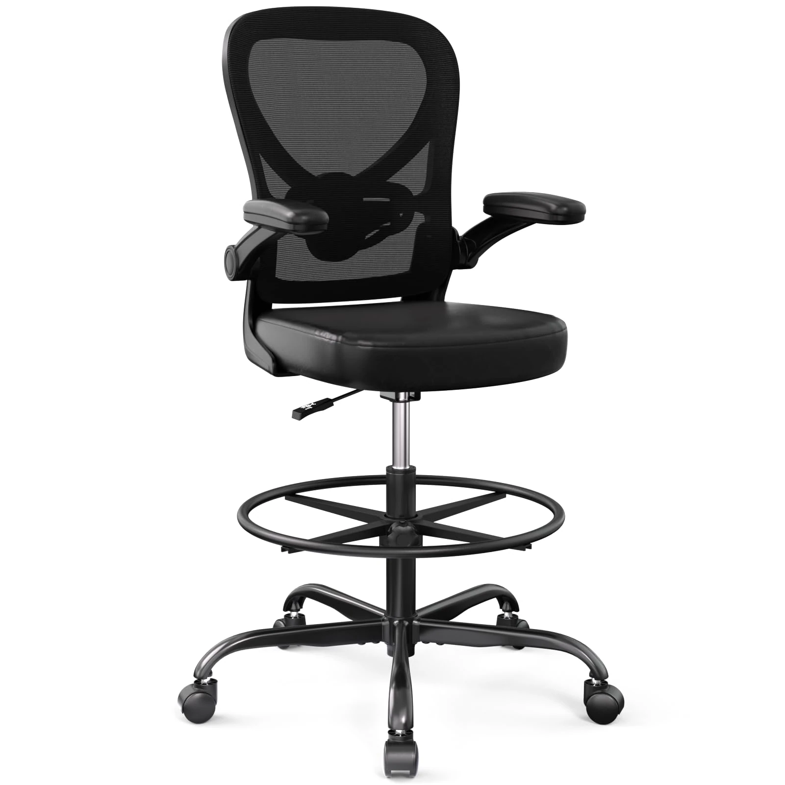 Alolo Drafting Chair,Ergonomic Tall Office Chair with Foot Rest Ring,Executive Leather Office Chair for Counter Height and Standing Desk with Lumbar Support and Flip-up Armrests for Home Office,PU.