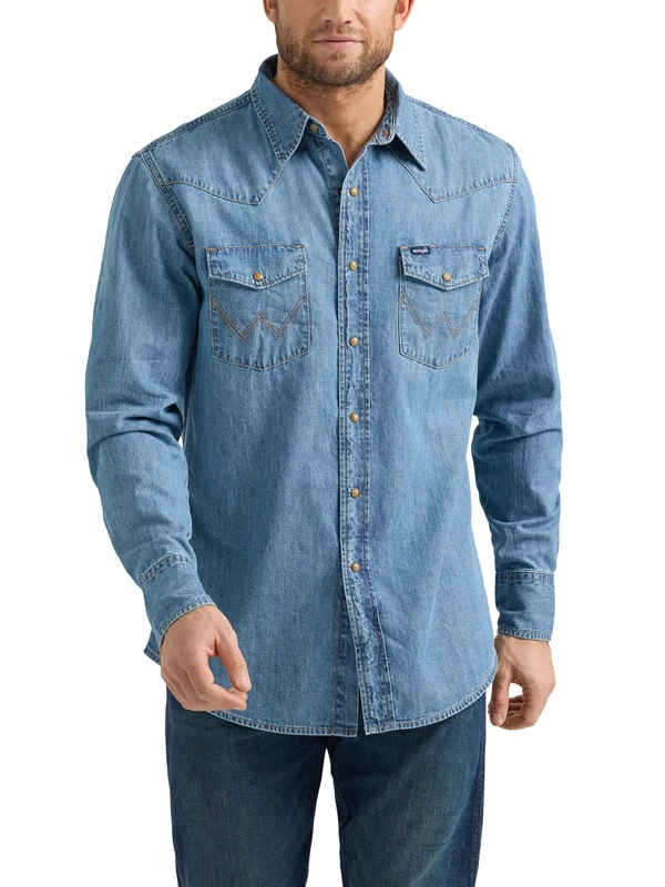 Wrangler Men's Denim Light Wash Long Sleeve Snap Shirt, Light Wash Denim, 2X Tall