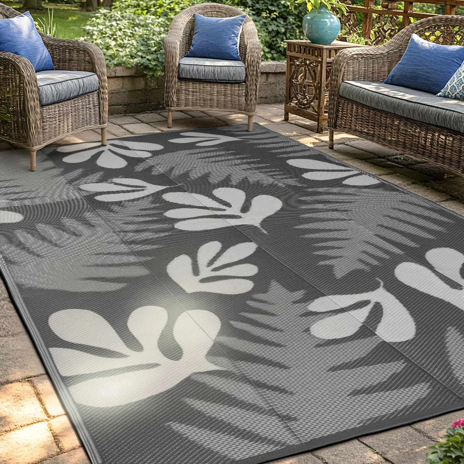 wikiwiki Outdoor Rug, 9x18ft Waterproof Reversible Mat Indoor Outdoor Rugs Carpet, Small Area Rug Plastic Straw Rug for Patio Deck Balcony Pool RV Camping Beach Picnic, Grey Leaves, Rugscape Series