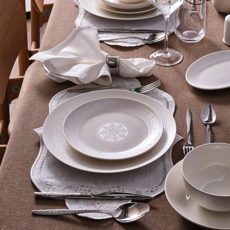 Karaca Forever Bone Artiste 53-Piece 12-Person Dinnerware Set, Dinner Plate, Side Plate, Pasta Bowl, Cereal Bowl, Serving Platter, Dishwasher Safe, Microwave Safe,