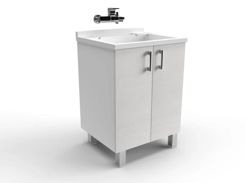 Mama Store ATENALAV Methacrylate Wash-Washer/Wash Basin with Wood Board and Aluminium Draining Board, L.60 x D.50 x H. 86 cm, Engineered, Matt White/Arctic White