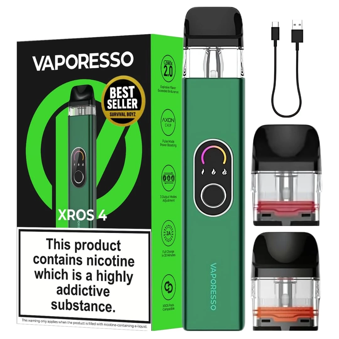 Vaporesso Xros 4 Vape Kit [Green] - [10 COLOURS] - 1000mAh Battery, 2A Fast Charge (30 Min), 30W Output, Triple Power Levels, Anti-Leak - Works with XROS Pods - No Nicotine