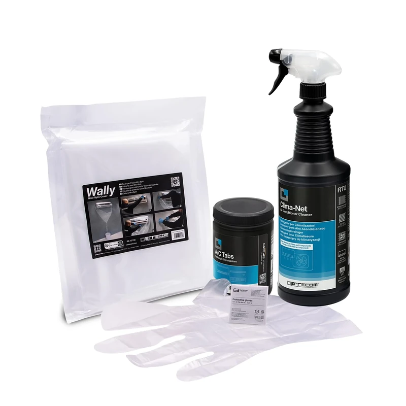 ERRECOM Cleaning Kit for Air Conditioners, includes Clima-Net 1L Cleaner for A/C Filters and Evaporators, Wally Cleaning Cover, A/C Tabs 40 Air Conditioner Tabs, long-lasting effect, Disposable Gloves