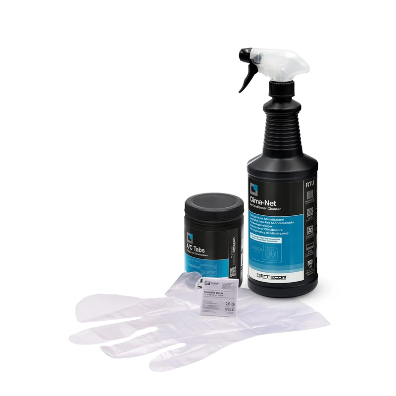 ERRECOM Cleaning Kit for Air Conditioners, Includes Clima-Net 1L Cleaner for A/C Filters and Evaporators, A/C Tabs 40 Air Conditioner Tabs, Long-Lasting Effect, Disposable Gloves Included