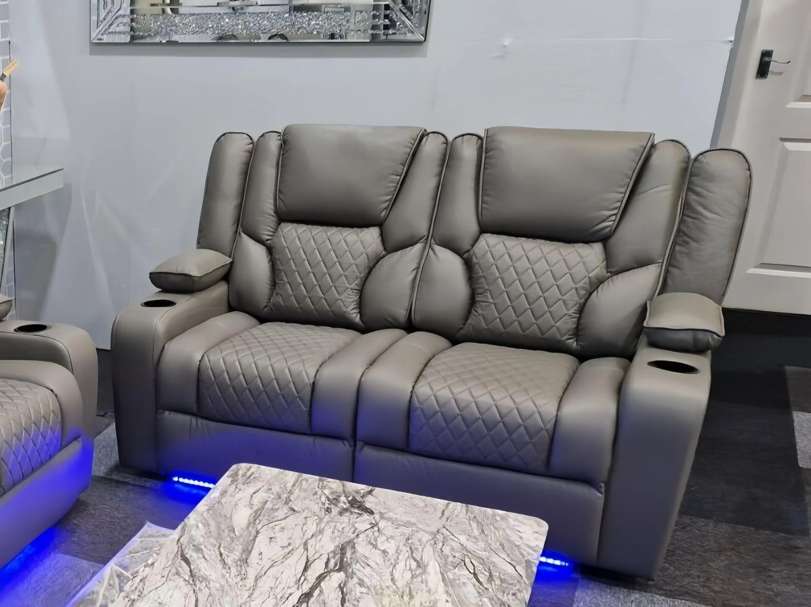 Orlando - Electric Recliners Sofa With Cupholders - 3+2 Seater Sofa Grey/LED Lights/Wireless Charging (Grey, 2 Seater)