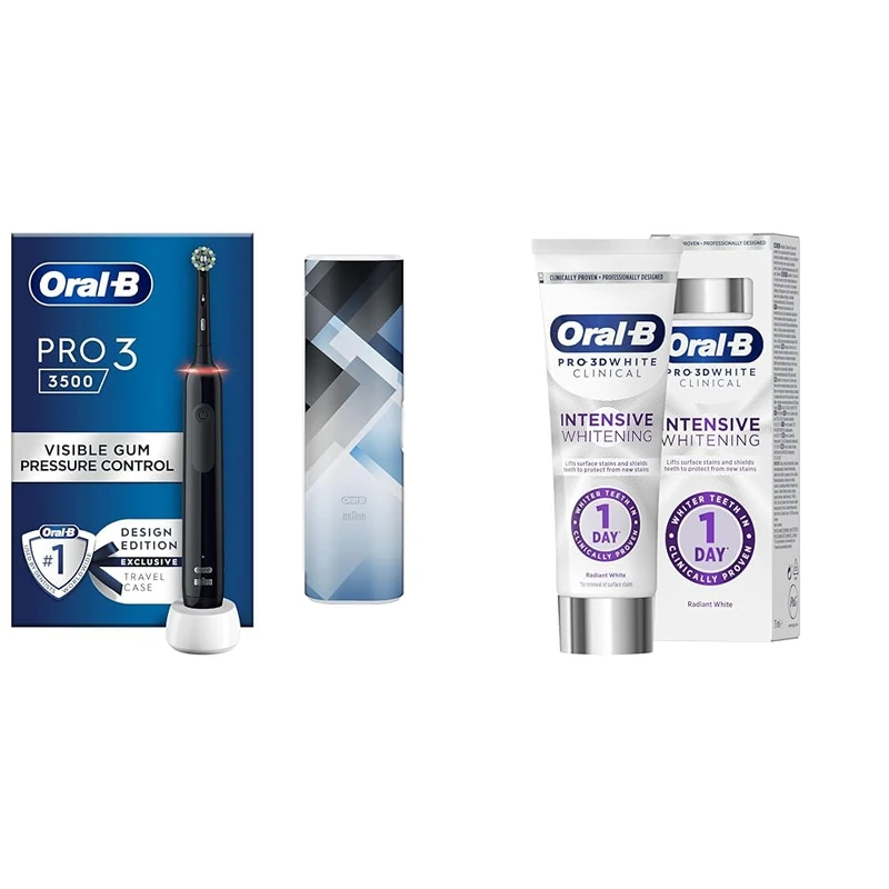 Bundle of Oral-B Pro 3 Electric Toothbrush for Adults, 1 Cross Toothbrush Head & Travel Case, 2 Pin UK Plug, 3500 + Oral-B Pro 3D White Clinical Intensive Whitening Radiant White Toothpaste 75ml