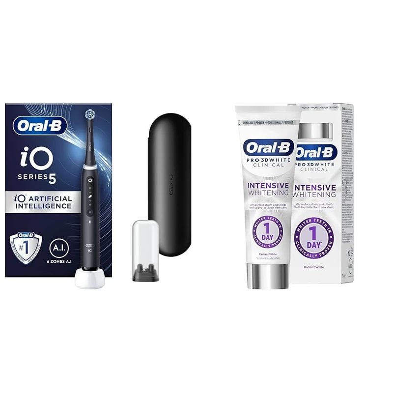 Bundle of Oral-B iO5 Electric Toothbrushes for Adults, 1 Toothbrush Head & Travel Case, UK 2 Pin Plug, Black + Oral-B Pro 3D White Clinical Intensive Whitening Radiant White Toothpaste 75ml