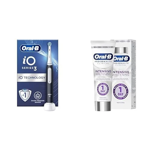 Bundle of Oral-B iO3 Electric Toothbrushes Adults, Mothers Day Gifts for Her/Him, 2 Pin UK Plug, Black + Oral-B Pro 3D White Clinical Intensive Whitening Radiant White Toothpaste 75ml