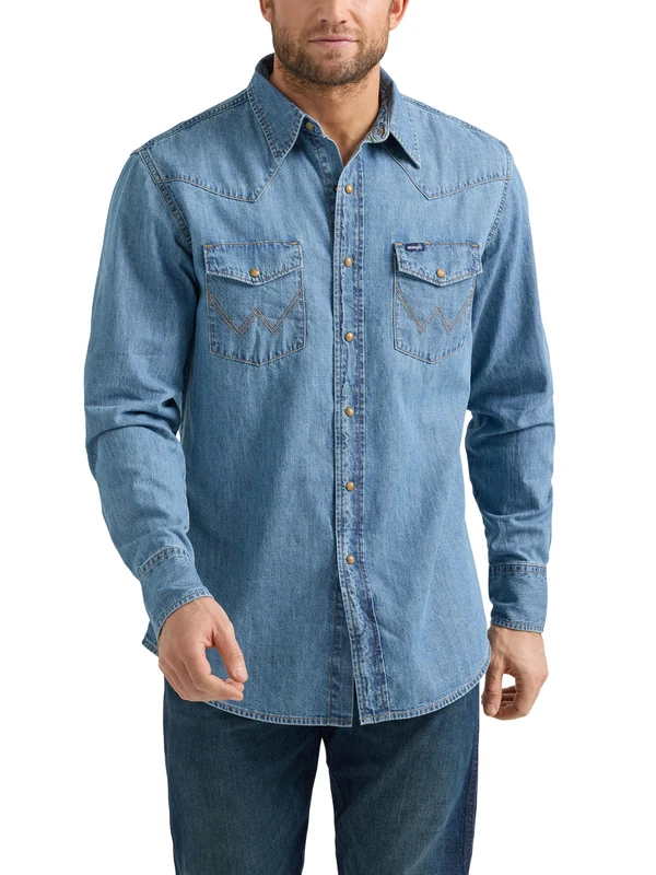 Wrangler Men's Denim Collection Snap Shirt, Light Wash Denim, S