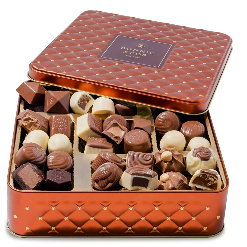 Chocolate Gift Hamper Basket- Gift Tin with Assorted Belgium Truffles – Christmas, Thank You, Sympathy, Hostess, Family, Prime Idea for Mom, Dad, Men, Women, Him, Her- Bonnie and Pop