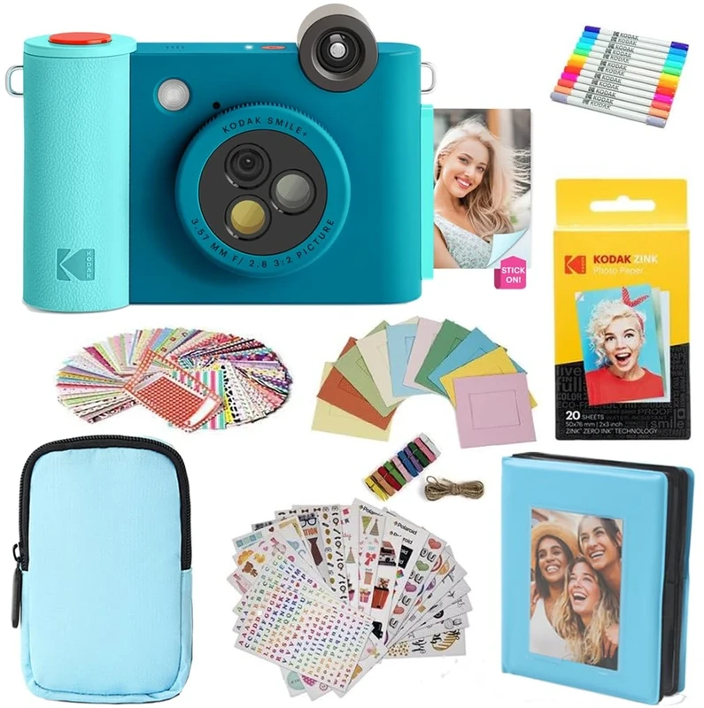 KODAK Smile+ 2-in-1 Digital Instant Camera & Photo Printer Gift Bundle - Case + Zink 20pk Paper + Album + Frames + Stickers + Markers - Blue