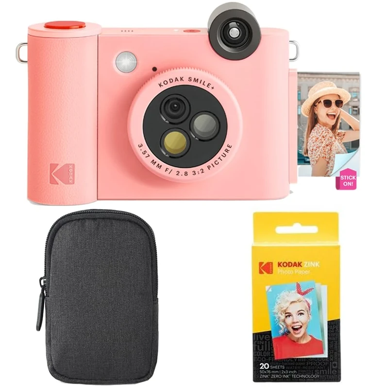 KODAK Smile+ 2-in-1 Digital Instant Camera & Photo Printer Starter Bundle - Case + Zink 20pk Paper - 10MP, Rotating Lens - Pink