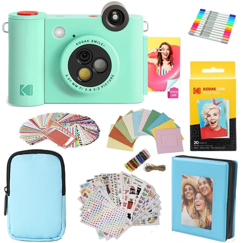 KODAK Smile+ 2-in-1 Digital Instant Camera & Photo Printer Gift Bundle - Case + Zink 20pk Paper + Album + Frames + Stickers + Markers - Green