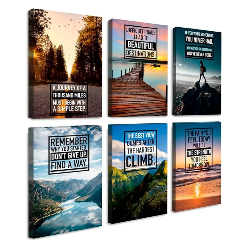 Throwbacktraits Canvas Motivational Wall Art – Set of 6 Inspirational Prints with Uplifting Phrases & Vibrant Images, Eco-Friendly & Framed, Ready to Hang for Office Wall Decor, Living Room & Bedroom