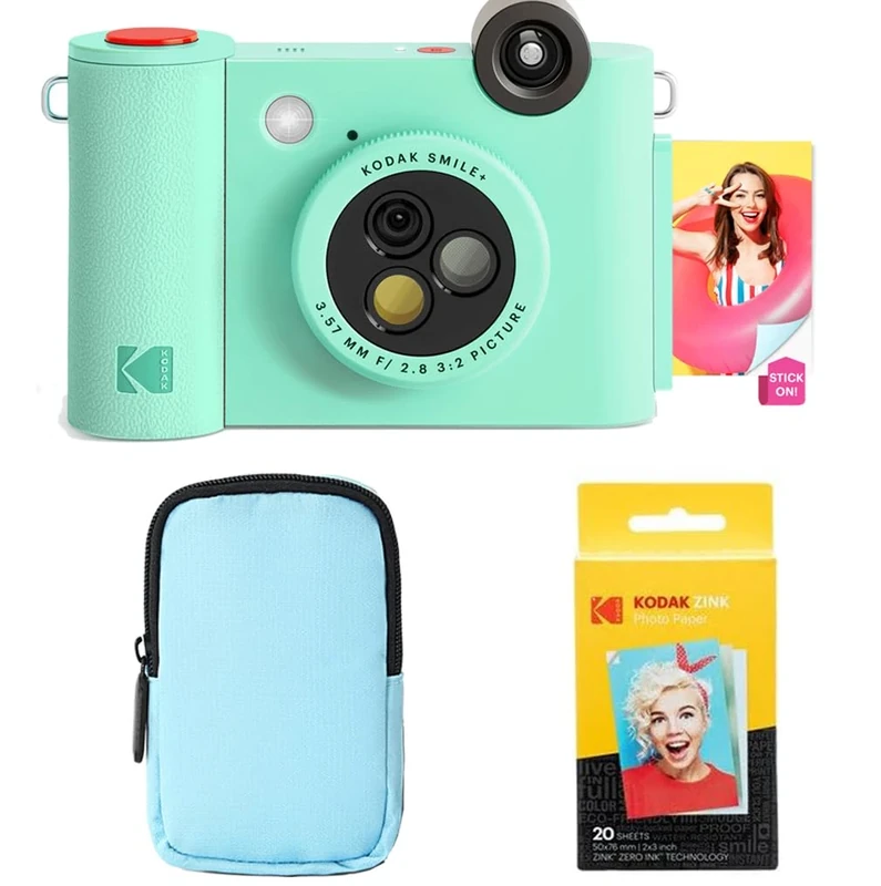 KODAK Smile+ 2-in-1 Digital Instant Camera & Photo Printer Starter Bundle - Deluxe Case + Zink 20pk Paper - 10MP, Rotating Lens - Green