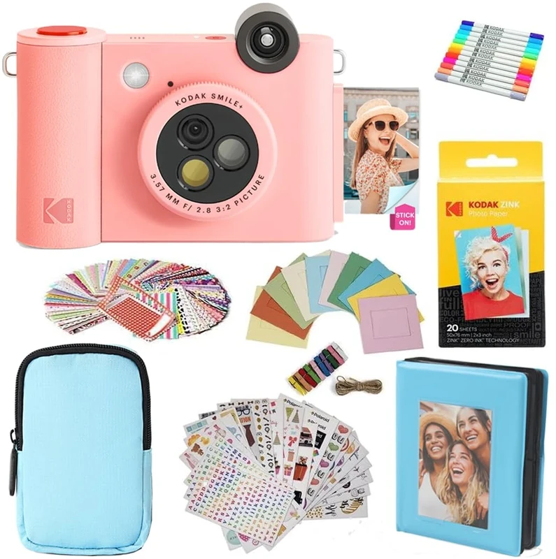 KODAK Smile+ 2-in-1 Digital Instant Camera & Photo Printer Gift Bundle - Case + Zink 20pk Paper + Album + Frames + Stickers + Markers - Pink