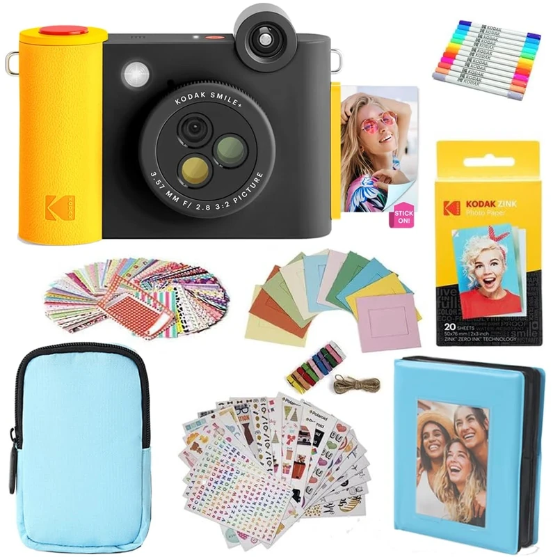 KODAK Smile+ 2-in-1 Digital Instant Camera & Photo Printer Gift Bundle - Case + Zink 20pk Paper + Album + Frames + Stickers + Markers - Black