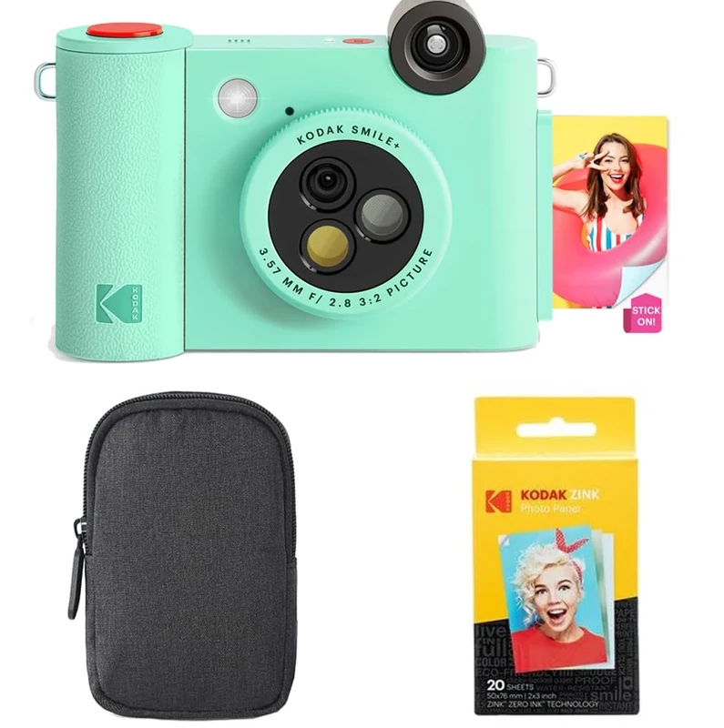KODAK Smile+ 2-in-1 Digital Instant Camera & Photo Printer Starter Bundle - Case + Zink 20pk Paper - 10MP, Rotating Lens - Green