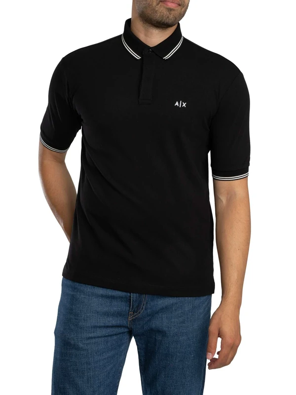 Armani Exchange Men's Essential, Double Striped Sleeve and Collar Side Monogram Logo Polo Shirt, Black, S, Black, S