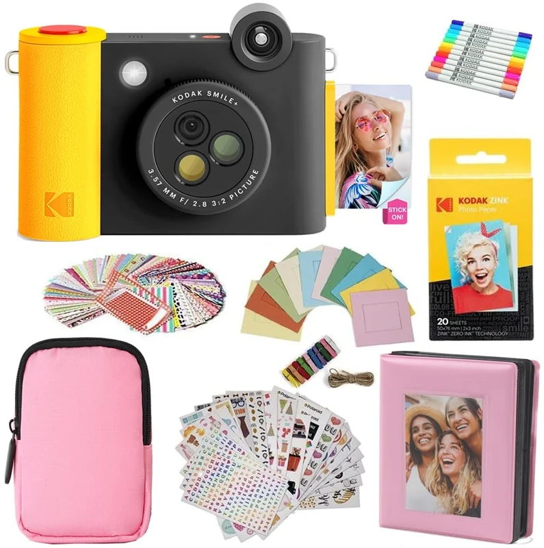 KODAK Smile+ 2-in-1 Digital Instant Camera & Photo Printer Gift Bundle - Case + Zink 20pk Paper + Album + Stickers + Frames + Markers - Black