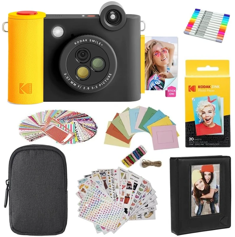 KODAK Smile+ 2-in-1 Digital Instant Camera & Photo Printer Gift Bundle - Case + Zink 20pk Paper + Album + Stickers + Frames + Markers - Black