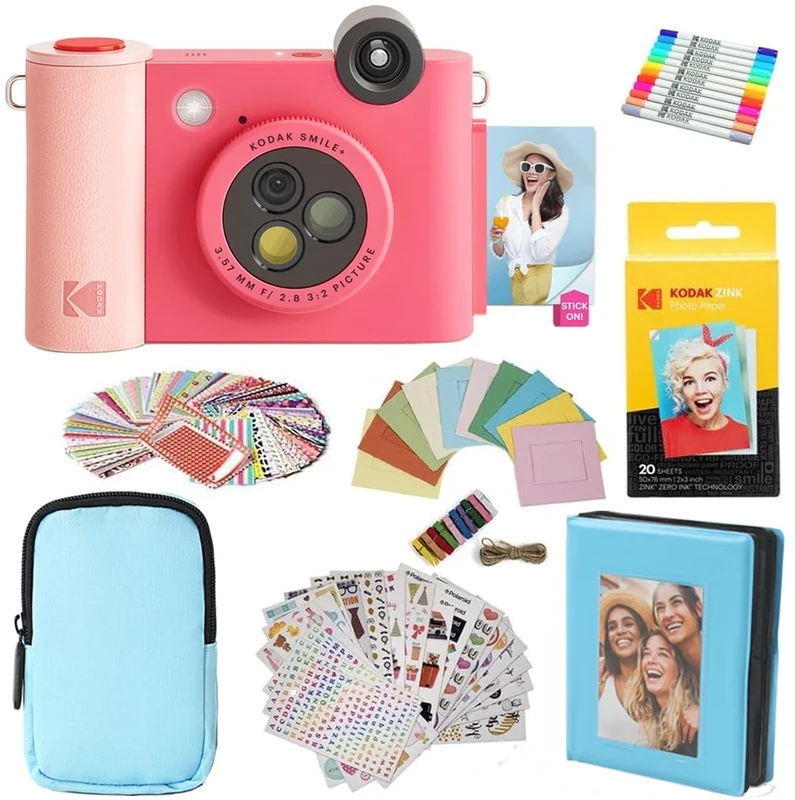 KODAK Smile+ 2-in-1 Digital Instant Camera & Photo Printer Gift Bundle - Case + Zink 20pk Paper + Album + Frames + Stickers + Markers - Fuchsia
