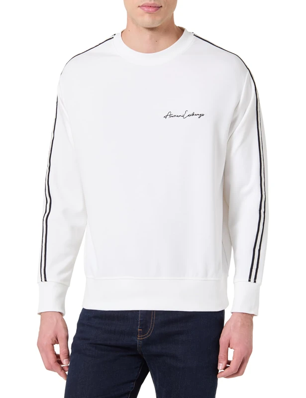 Armani Exchange Essential Striped Sleeve Side Signature Logo Tracksuit Top, Off White, M Men, white washed, M