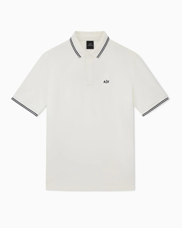 Armani Exchange Men's Essential, Double Striped Sleeve and Collar Side Monogram Logo Polo Shirt, Off White, M, Off White, M