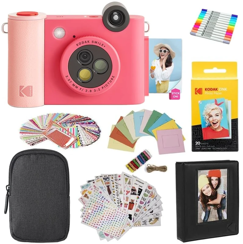 KODAK Smile+ 2-in-1 Digital Instant Camera & Photo Printer Gift Bundle - Case + Zink 20pk Paper + Album + Stickers + Frames + Markers - Fuchsia