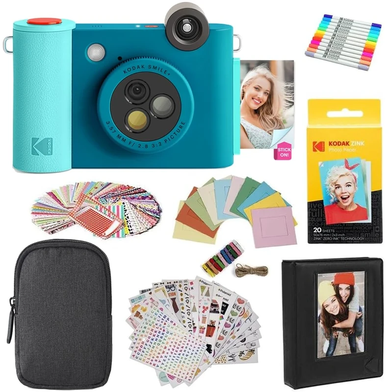 KODAK Smile+ 2-in-1 Digital Instant Camera & Photo Printer Gift Bundle - Case + Zink 20pk Paper + Album + Stickers + Frames + Markers - Blue