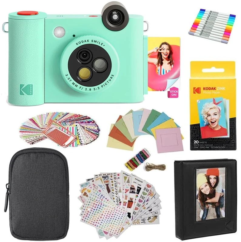 KODAK Smile+ 2-in-1 Digital Instant Camera & Photo Printer Gift Bundle - Case + Zink 20pk Paper + Album + Stickers + Frames + Markers - Green