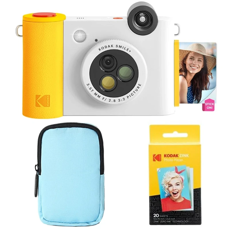 KODAK Smile+ 2-in-1 Digital Instant Camera & Photo Printer Starter Bundle - Deluxe Case + Zink 20pk Paper - 10MP, Rotating Lens - White
