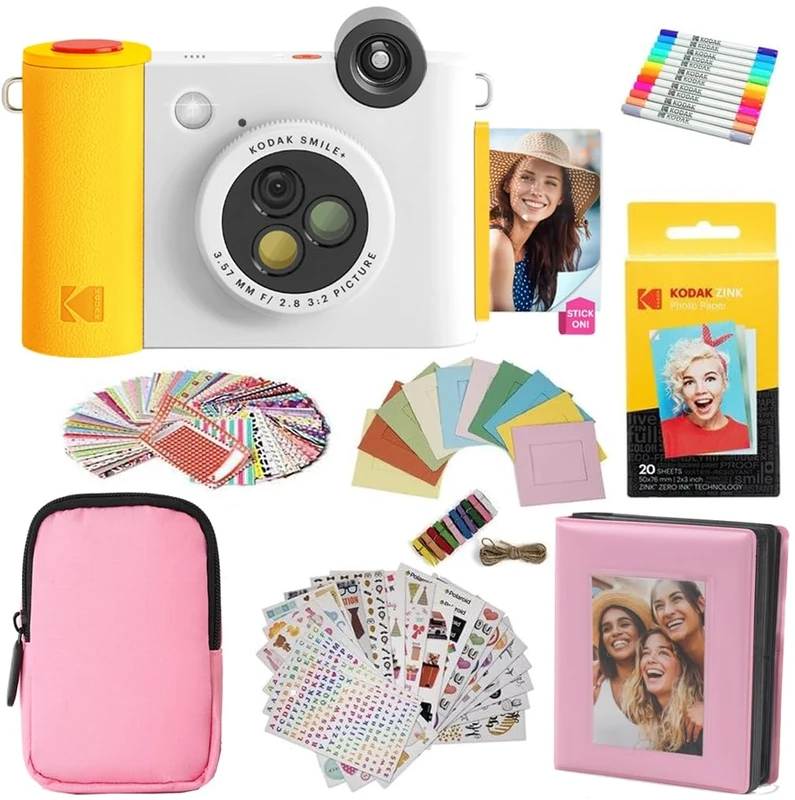 KODAK Smile+ 2-in-1 Digital Instant Camera & Photo Printer Gift Bundle - Case + Zink 20pk Paper + Album + Stickers + Frames + Markers - White