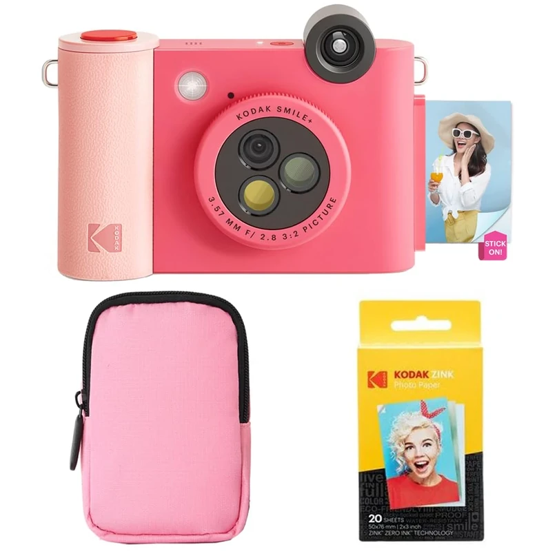 KODAK Smile+ 2-in-1 Digital Instant Camera & Photo Printer Starter Bundle - Soft Case + Zink 20pk Paper - 10MP, Rotating Lens - Fuchsia