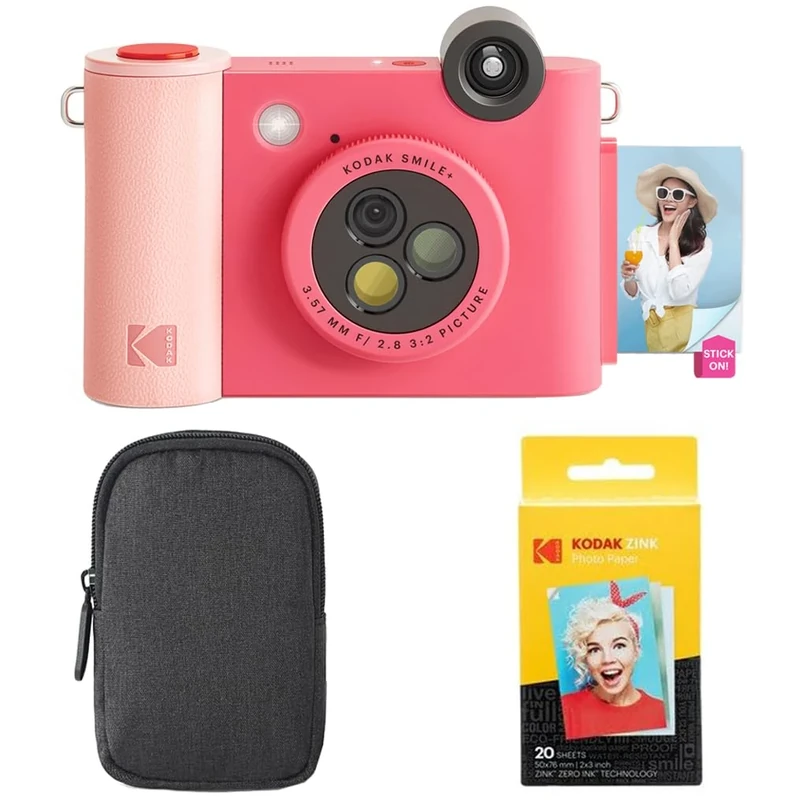 KODAK Smile+ 2-in-1 Digital Instant Camera & Photo Printer Starter Bundle - Case + Zink 20pk Paper - 10MP, Rotating Lens - Fuchsia