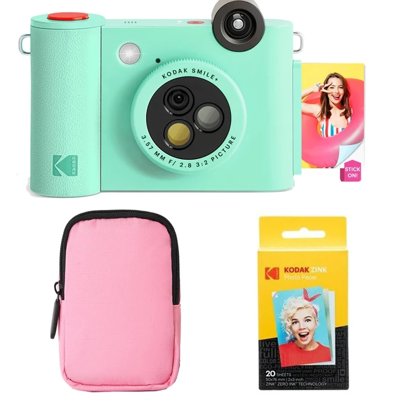 KODAK Smile+ 2-in-1 Digital Instant Camera & Photo Printer Starter Bundle - Soft Case + Zink 20pk Paper - 10MP, Rotating Lens - Green