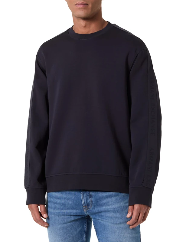 Armani Exchange Men's Essential, Striped, Long Sleeve, Round Collar Sweatshirt, Blue, XXL, deep navy, XXL