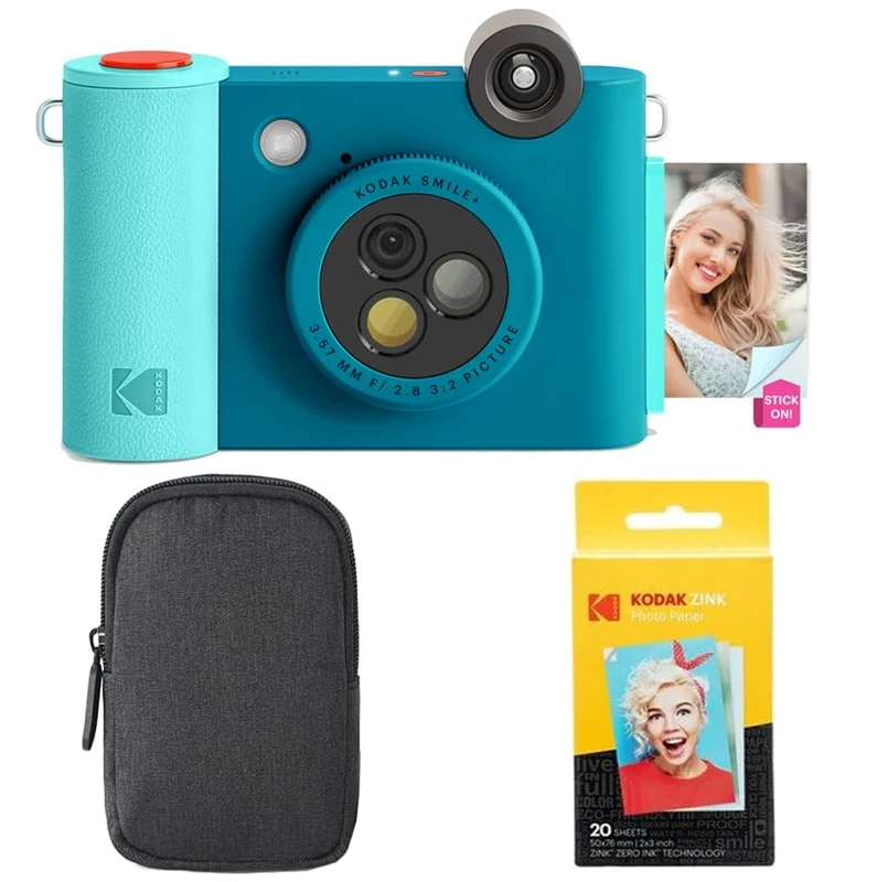 KODAK Smile+ 2-in-1 Digital Instant Camera & Photo Printer Starter Bundle - Case + Zink 20pk Paper - 10MP, Rotating Lens - Blue
