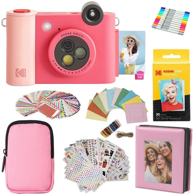 KODAK Smile+ 2-in-1 Digital Instant Camera & Photo Printer Gift Bundle - Case + Zink 20pk Paper + Album + Stickers + Frames + Markers - Fuchsia