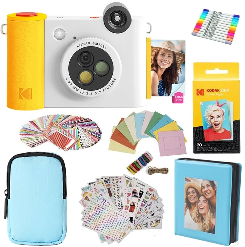 KODAK Smile+ 2-in-1 Digital Instant Camera & Photo Printer Gift Bundle - Case + Zink 20pk Paper + Album + Frames + Stickers + Markers - White