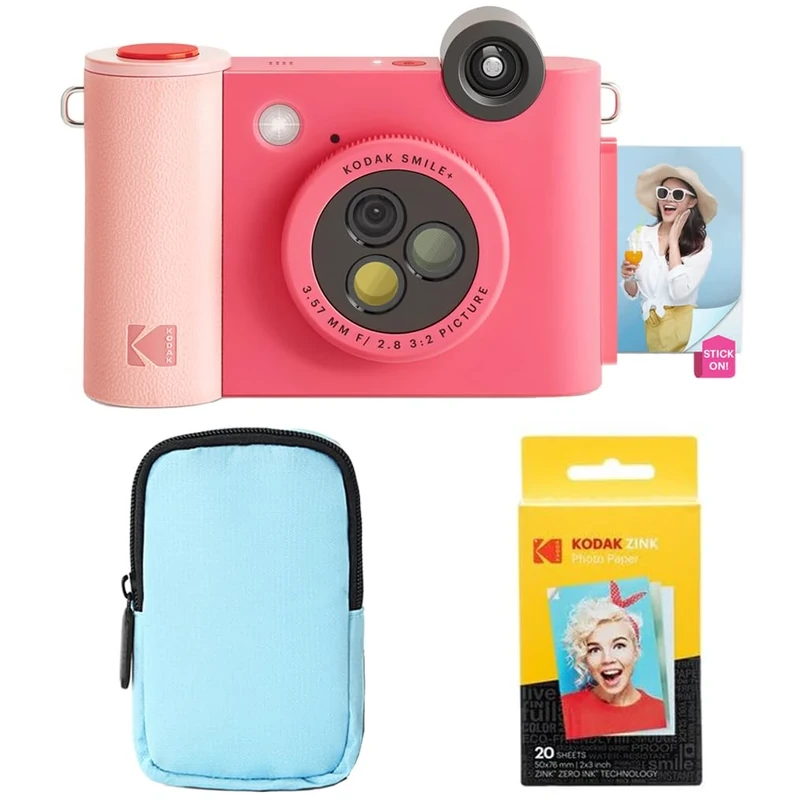 KODAK Smile+ 2-in-1 Digital Instant Camera & Photo Printer Starter Bundle - Deluxe Case + Zink 20pk Paper - 10MP, Rotating Lens - Fuchsia