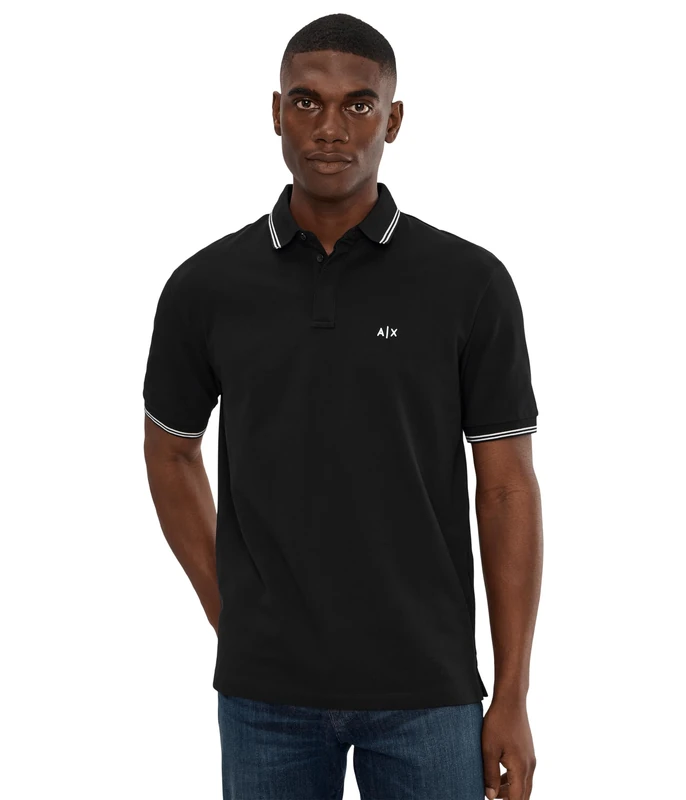 Armani Exchange Men's Essential, Double Striped Sleeve and Collar Side Monogram Logo Polo Shirt, Black, L, Black, L - Image 1
