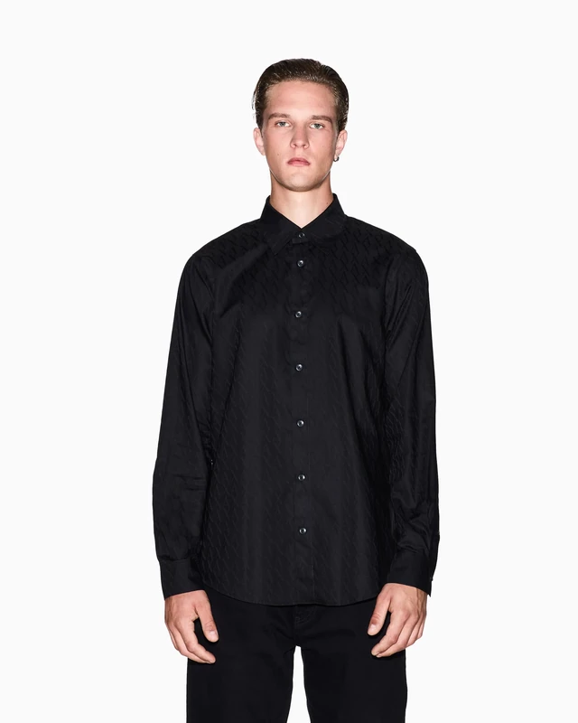 Armani Exchange Men's Essential, Tone on Tone Monogram Logo Texture Shirt, Black, L, Black, L