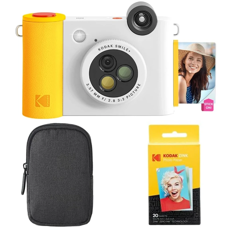KODAK Smile+ 2-in-1 Digital Instant Camera & Photo Printer Starter Bundle - Case + Zink 20pk Paper - 10MP, Rotating Lens - White
