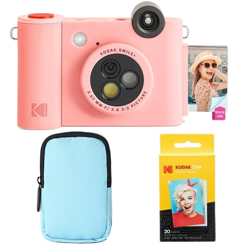 KODAK Smile+ 2-in-1 Digital Instant Camera & Photo Printer Starter Bundle - Deluxe Case + Zink 20pk Paper - 10MP, Rotating Lens - Pink