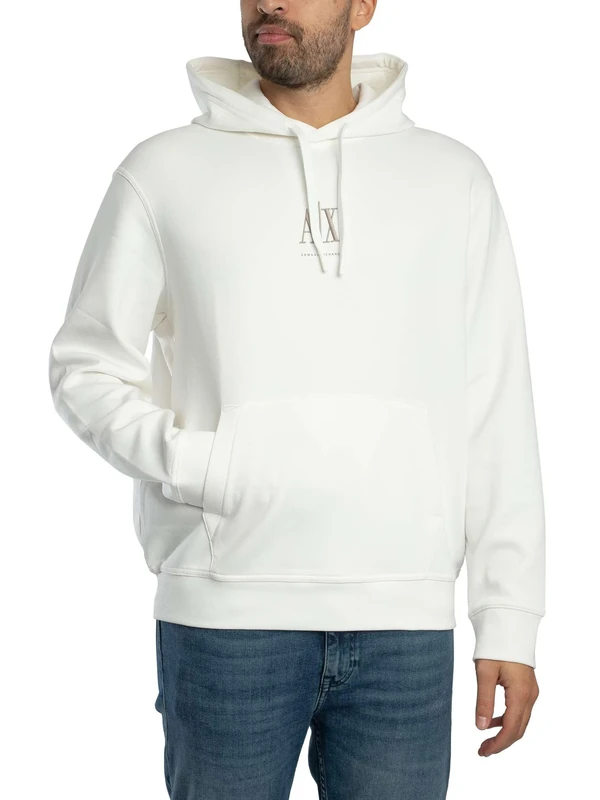 Armani Exchange Men's Icon, drawnstring, Front Logo Hooded Sweatshirt, Off White, XXL, White, XXL